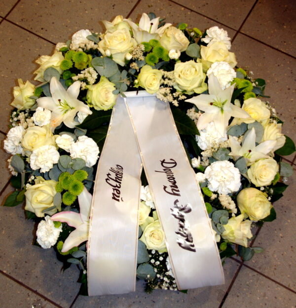Wreath: Big white roses, Carnations, Chrysantemums, Lilys