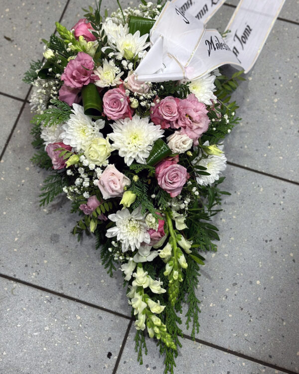 Funeral arrangement- white chrysantemums and pink roses