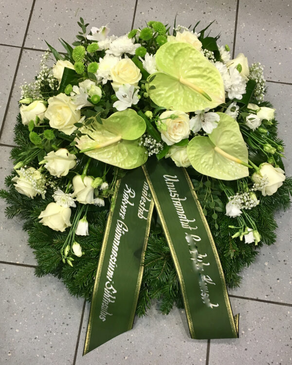 Wreath with green anthuriums and white roses