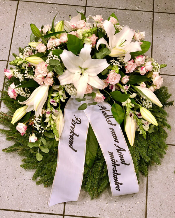 Wreath: white lilys and  spray roses