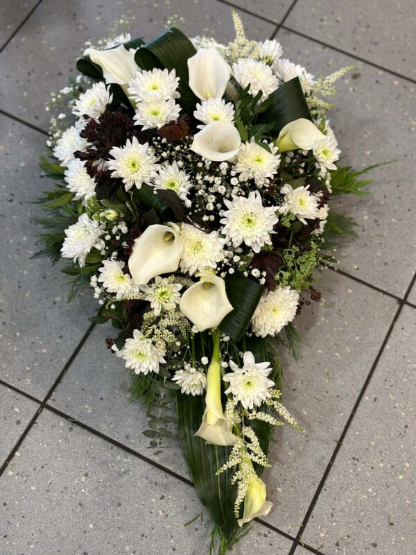 Funeral arrangement- white callas and chrysanthemums