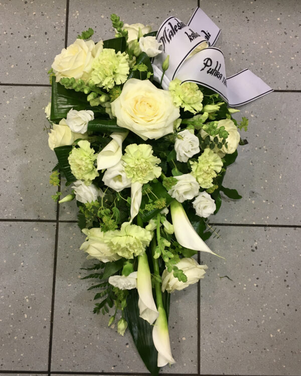 Funeral arrangement: White roses, lisianthus  and callas