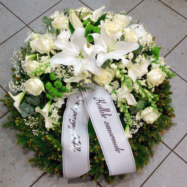 Wreath: white and green Lilys, Roses, Callas etc