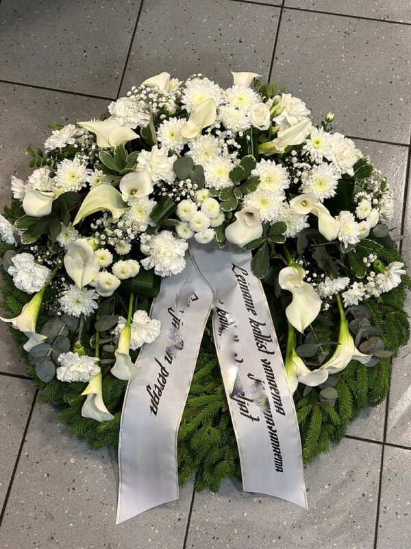 Large wreath: white callas, carnations, hrysantemums
