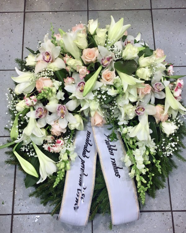 Large wreath: white lilys, creamy roses, orchids
