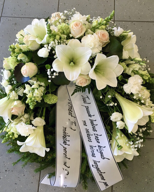 Wreath: white lilys, creamy roses, other flowers