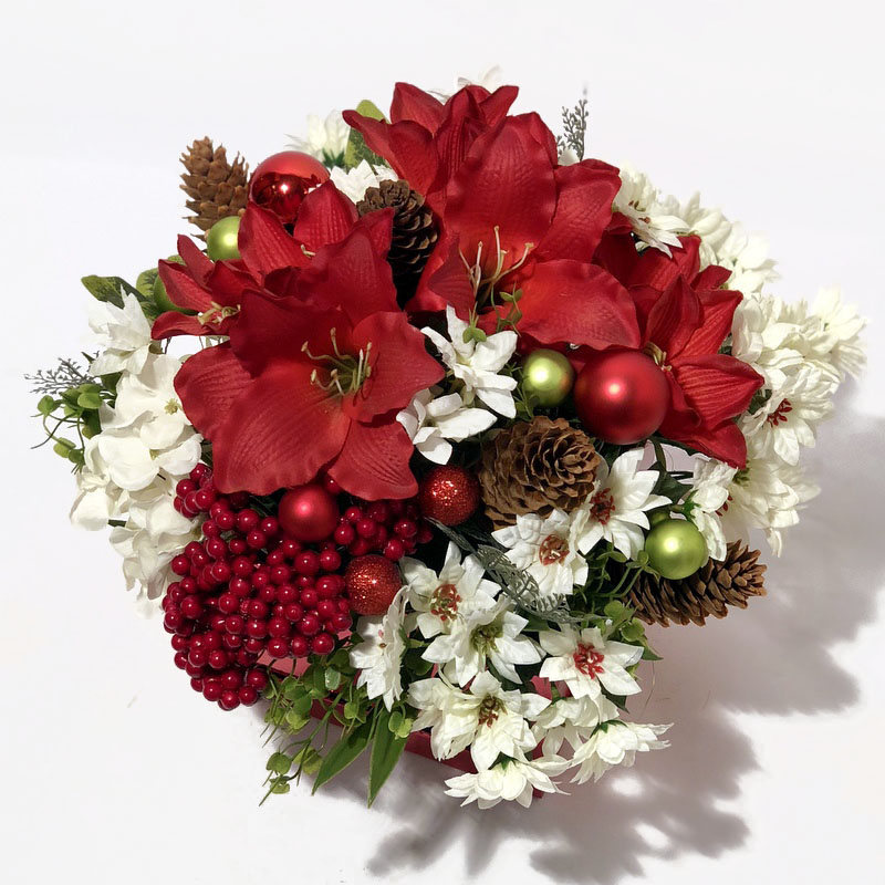 Red flowerbox with artificial Christmas flowers- red and white - Image 2