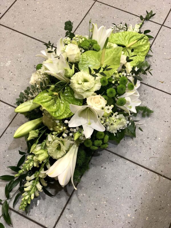 Casket decoration: Anthuriums, Lilys, Roses