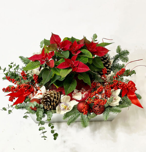 Большая композиция Пуансеттия (рождественская звезда), ветки елки, цветы орхидеи, декор, конфеты Raffaello